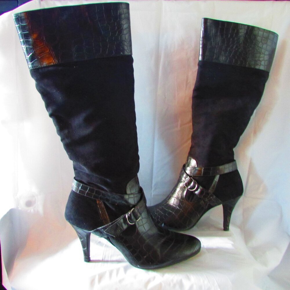 Naturalizer Lidia Suede Alligator Knee High Heel Boots